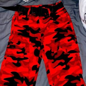red camo cargo pants with belt.